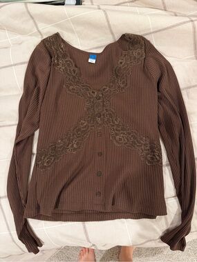Old Navy Brown Ribbed Long-Sleeve Top with Lace Trim